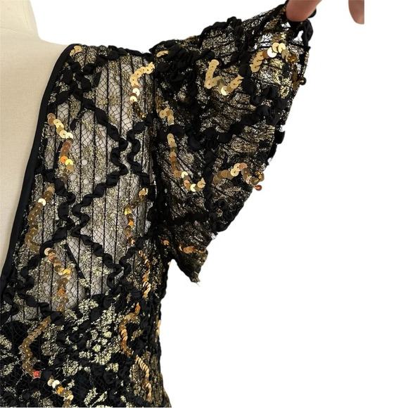 Vintage 80s Sequin Evening Dress Black Gold Floral Lace Size Small Formal - Picture 4 of 14